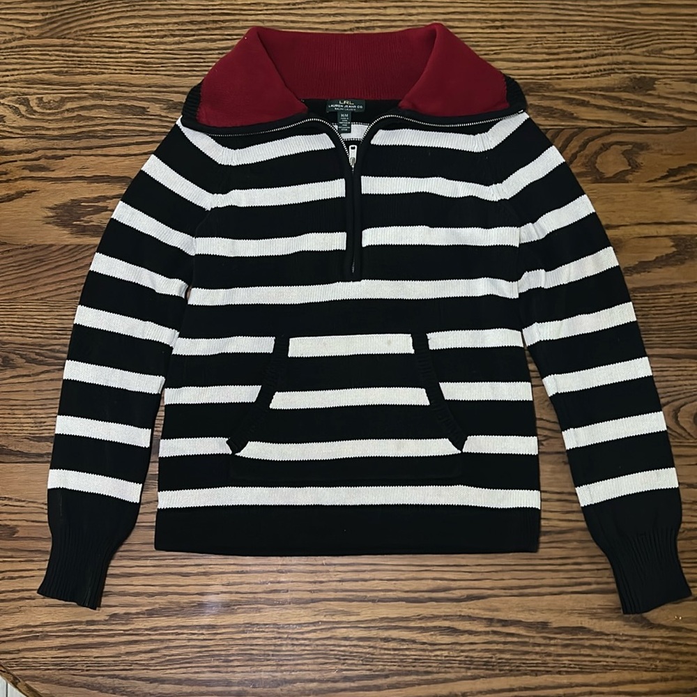Ralph Lauren Black/White Striped Sweater with Red Collar